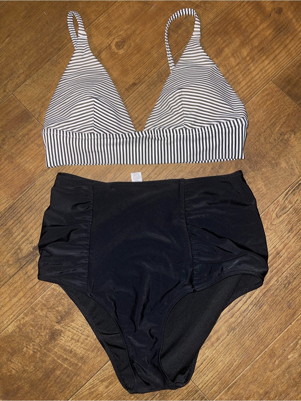 aerie Black & White Striped Triangle Bikini with High-Waist Black Bottoms